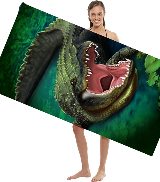 Green Gator Beach Towel – Alligator Print Soft & Absorbent Towel for Pool & Beach